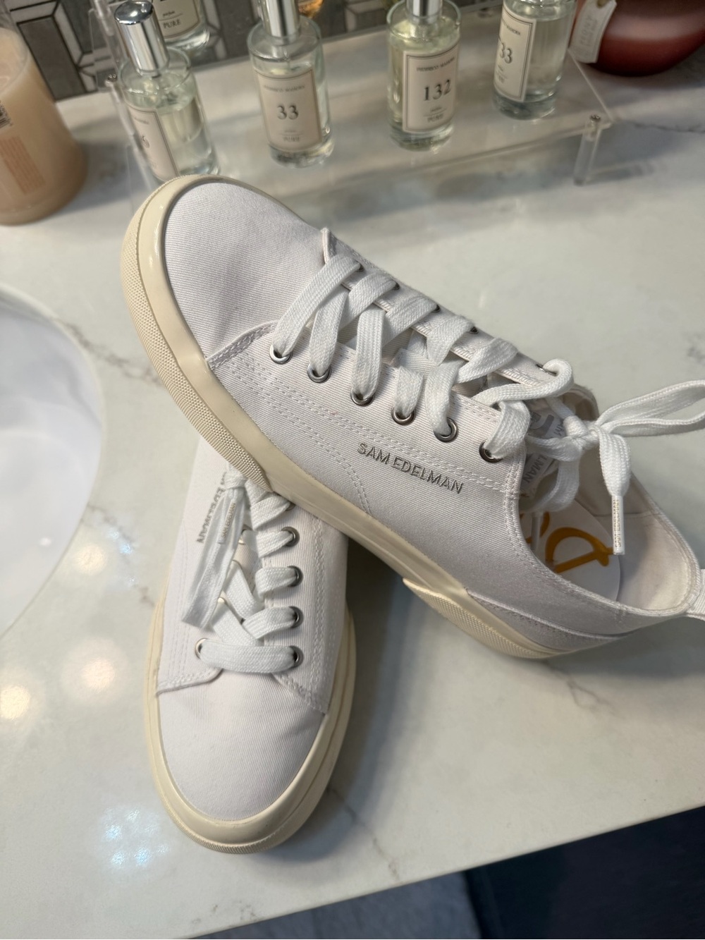 Sam Edelman White Canvas Low-Top Sneakers with Gold Logo